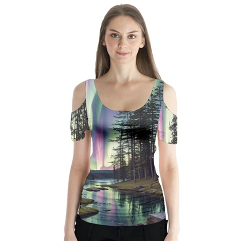 Northern Lights Aurora Borealis Butterfly Sleeve Cutout T-shirt  by uniart180623