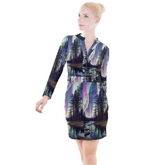 Northern Lights Aurora Borealis Button Long Sleeve Dress by uniart180623