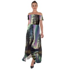 Northern Lights Aurora Borealis Off Shoulder Open Front Chiffon Dress by uniart180623