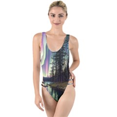 Northern Lights Aurora Borealis High Leg Strappy Swimsuit by uniart180623