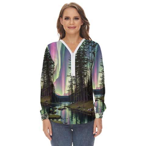 Northern Lights Aurora Borealis Zip Up Long Sleeve Blouse by uniart180623