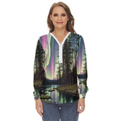 Northern Lights Aurora Borealis Zip Up Long Sleeve Blouse