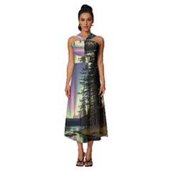 Northern Lights Aurora Borealis Sleeveless Cross Front Cocktail Midi Chiffon Dress by uniart180623