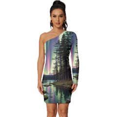 Northern Lights Aurora Borealis Long Sleeve One Shoulder Mini Dress by uniart180623