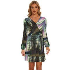 Northern Lights Aurora Borealis Long Sleeve Waist Tie Ruffle Velvet Dress by uniart180623