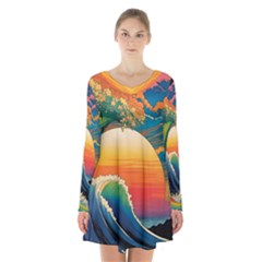 Waves Rainbow Sea Long Sleeve Velvet V-neck Dress by uniart180623