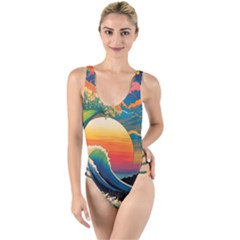 Waves Rainbow Sea High Leg Strappy Swimsuit by uniart180623