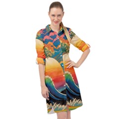 Waves Rainbow Sea Long Sleeve Mini Shirt Dress by uniart180623