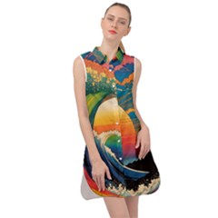 Waves Rainbow Sea Sleeveless Shirt Dress by uniart180623