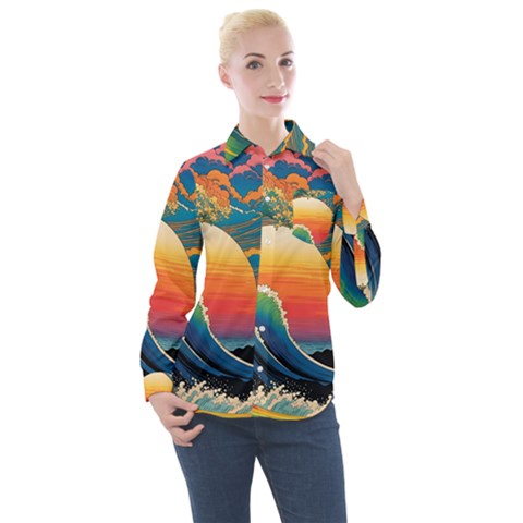 Waves Rainbow Sea Women s Long Sleeve Pocket Shirt by uniart180623