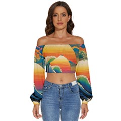 Waves Rainbow Sea Long Sleeve Crinkled Weave Crop Top by uniart180623