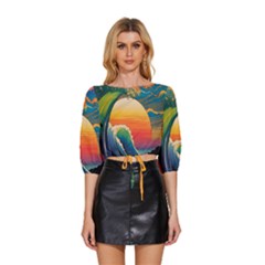 Waves Rainbow Sea Mid Sleeve Drawstring Hem Top by uniart180623