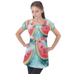 Watermelon Fruit Juicy Summer Heat Puff Sleeve Tunic Top by uniart180623