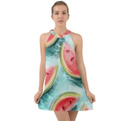 Watermelon Fruit Juicy Summer Heat Halter Tie Back Chiffon Dress by uniart180623