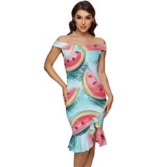 Watermelon Fruit Juicy Summer Heat Off Shoulder Ruffle Split Hem Bodycon Dress by uniart180623