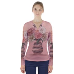 Flowers Vase Rose Plant Vintage V-neck Long Sleeve Top by uniart180623