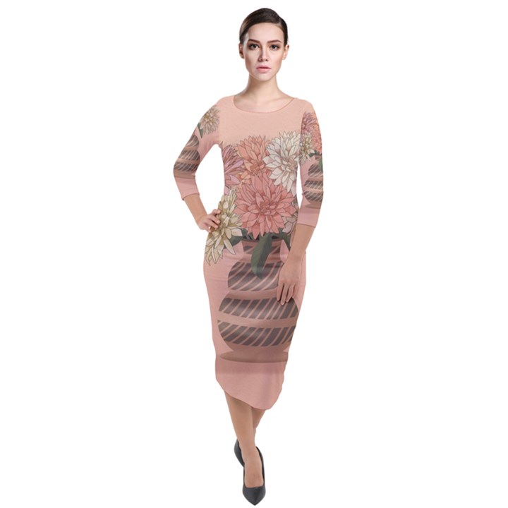 Flowers Vase Rose Plant Vintage Quarter Sleeve Midi Velour Bodycon Dress