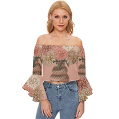 Flowers Vase Rose Plant Vintage Off Shoulder Flutter Bell Sleeve Top by uniart180623