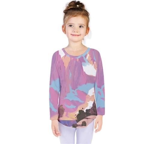 Pink Mountains Grand Canyon Psychedelic Mountain Kids  Long Sleeve T-shirt by uniart180623