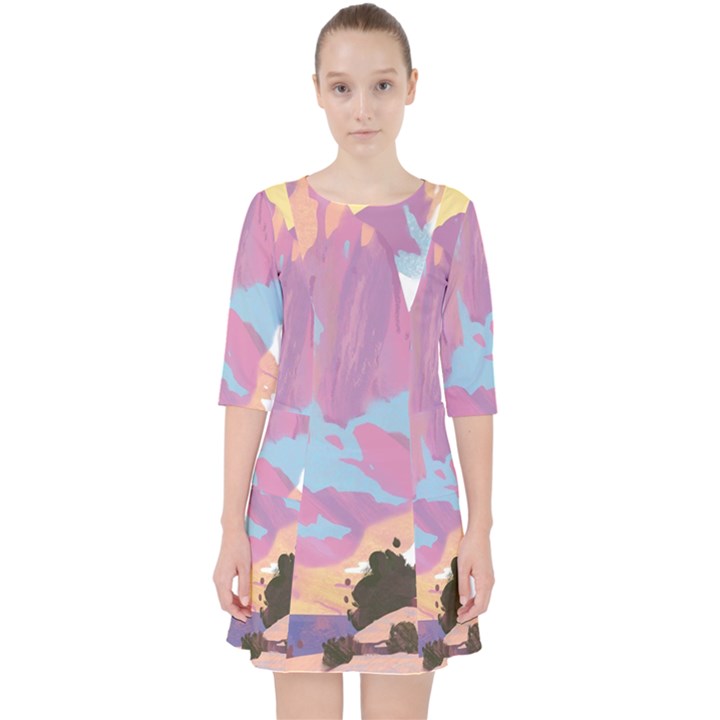 Pink Mountains Grand Canyon Psychedelic Mountain Quarter Sleeve Pocket Dress