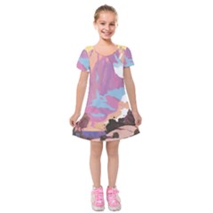 Pink Mountains Grand Canyon Psychedelic Mountain Kids  Short Sleeve Velvet Dress by uniart180623