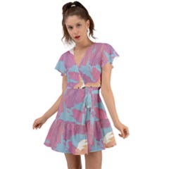 Pink Mountains Grand Canyon Psychedelic Mountain Flutter Sleeve Wrap Dress by uniart180623