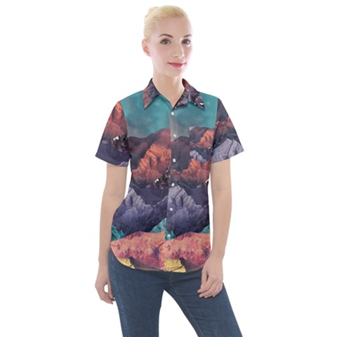 Adventure Psychedelic Mountain Women s Short Sleeve Pocket Shirt by uniart180623