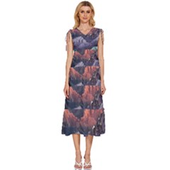 Adventure Psychedelic Mountain V-neck Drawstring Shoulder Sleeveless Maxi Dress