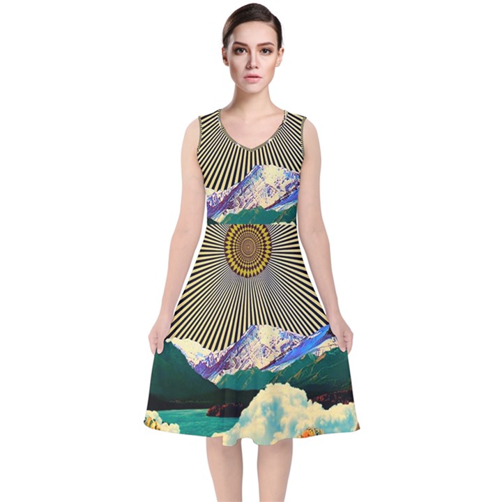 Surreal Art Psychadelic Mountain V-Neck Midi Sleeveless Dress 