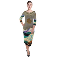 Surreal Art Psychadelic Mountain Quarter Sleeve Midi Velour Bodycon Dress by uniart180623