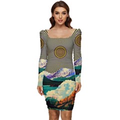 Surreal Art Psychadelic Mountain Women Long Sleeve Ruched Stretch Jersey Dress by uniart180623