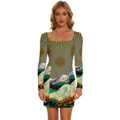 Surreal Art Psychadelic Mountain Long Sleeve Square Neck Bodycon Velvet Dress by uniart180623