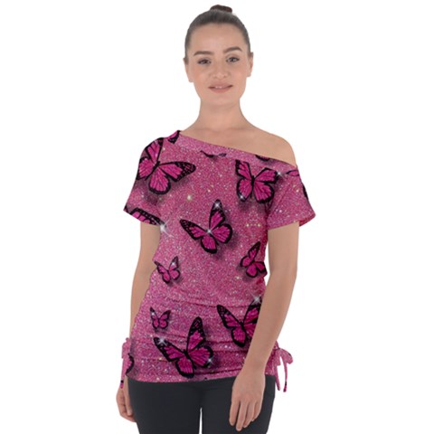 Pink Glitter Butterfly Off Shoulder Tie-up T-shirt by uniart180623