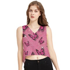 Pink Glitter Butterfly V-neck Cropped Tank Top by uniart180623