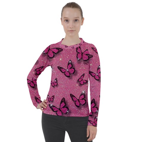 Pink Glitter Butterfly Women s Pique Long Sleeve T-shirt by uniart180623