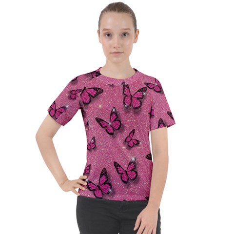 Pink Glitter Butterfly Women s Sport Raglan T-shirt by uniart180623