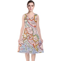 Vintage World Map Europe Globe Country State V-neck Midi Sleeveless Dress  by Grandong