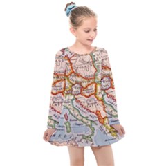 Vintage World Map Europe Globe Country State Kids  Long Sleeve Dress by Grandong