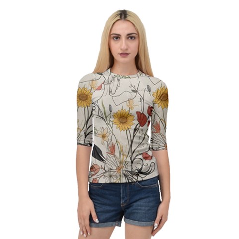 Woman Flower Pattern Quarter Sleeve Raglan T-shirt by pakminggu