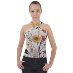 Woman Flower Pattern Cross Neck Velour Top by pakminggu