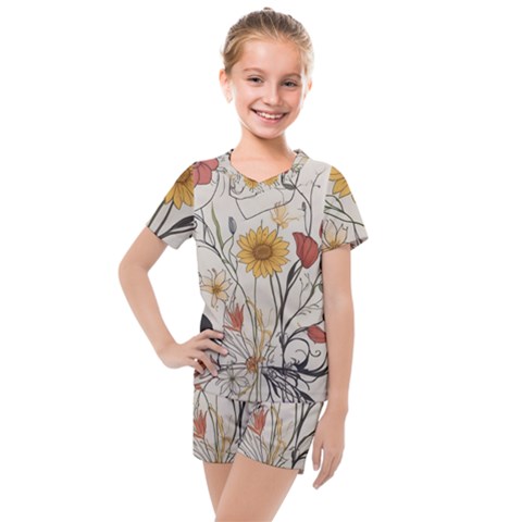 Woman Flower Pattern Kids  Mesh T-shirt And Shorts Set by pakminggu