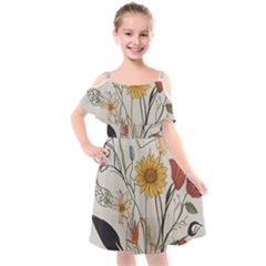 Woman Flower Pattern Kids  Cut Out Shoulders Chiffon Dress