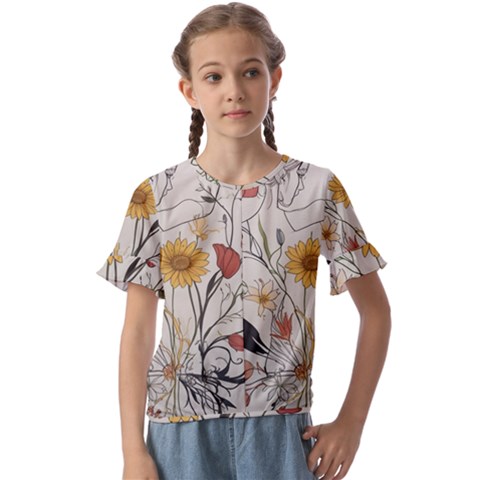 Woman Flower Pattern Kids  Cuff Sleeve Scrunch Bottom T-shirt by pakminggu