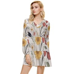 Woman Flower Pattern Tiered Long Sleeve Mini Dress by pakminggu