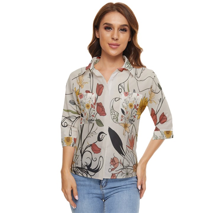 Woman Flower Pattern Women s Quarter Sleeve Pocket Shirt