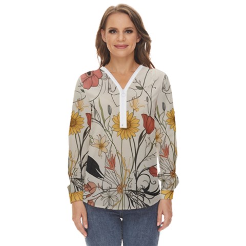 Woman Flower Pattern Zip Up Long Sleeve Blouse by pakminggu