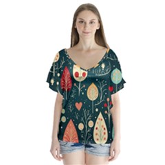 Christmas Tree Pattern V-neck Flutter Sleeve Top by pakminggu