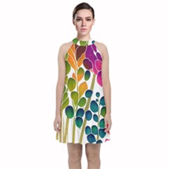 Plants Leaves Colorful Velvet Halter Neckline Dress  by pakminggu