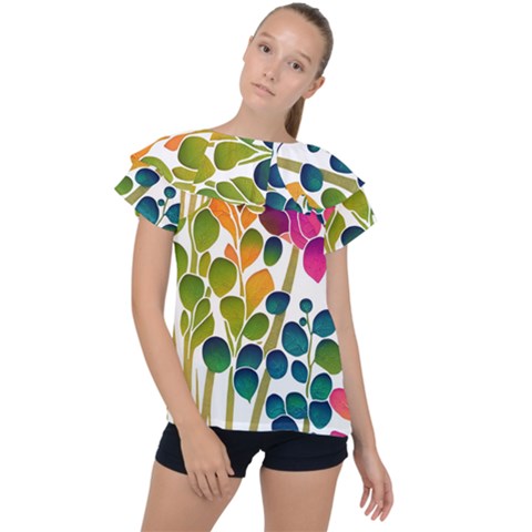 Plants Leaves Colorful Ruffle Collar Chiffon Blouse by pakminggu