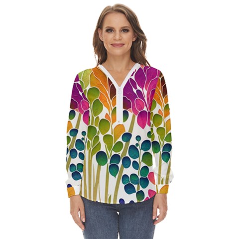 Plants Leaves Colorful Zip Up Long Sleeve Blouse by pakminggu